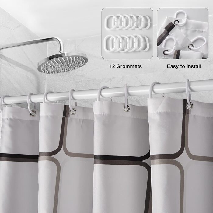 Водостійкий душовий завіс DUFU, 180x200 см, білий, з 12 кільцями