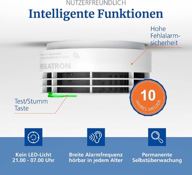 Hekatron Genius Plus – Smoke Detector 10 Years Battery – Stiftung Warentest Test Winner – made in Germany – incl. 2x adhesive pad – App-supported – Fire alarm – multilingual – 2 pieces