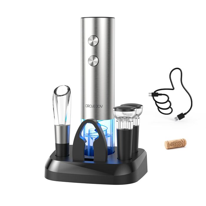 Електричний відкривачка вин CIRCLE JOY 6-в-1 з зарядною станцією, набір з нержавіючої сталі, з різаком фольги, аератором та 2 вакуумними закривачами