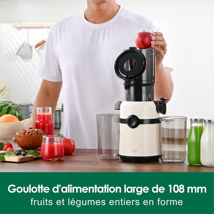 Fretta Slow Juicer with 108mm Opening & 1L Capacity, Juicer for Vegetables and Fruits - Test Winner, 200W Electric Juice Press with Cold Press, Easy Cleaning and Quiet Motor, BPA-free (White, 1L) 1L White