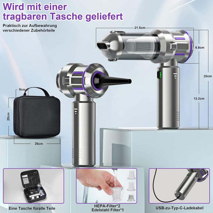 Бездротовий ручний пилосос RABIGALA 4-в-1, 25000PA, акумуляторний, для автомобіля та дому, електропілювач, фіолетовий