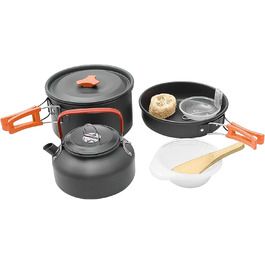 Набір кухонного посуду Grafner Premium Camping 11-ти частинний: стабільний алюміній з антипригарним покриттям, компактний, з розкладними ручками. Ідеально для кемпінгу, пікніків та подорожей на авто. Включає котел, сковорідку, чайник та інше.