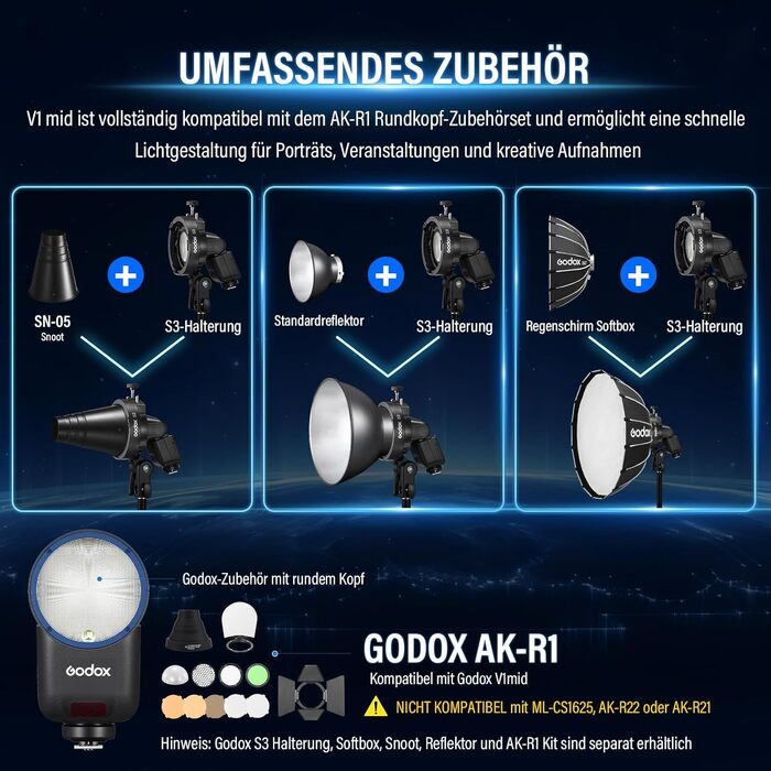 Спалах Godox V1 Mid-F для Fujifilm: кругла голова, TTL, HSS 1/8000s, 55Ws, з кольоровим сенсорним дисплеєм та USB-C акумулятором, сумісний з XT-5, X-E1, XT-3