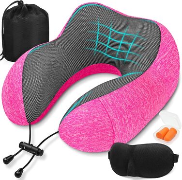 Подушка для шиї у літак - подушка для подорожей 100% Memory Foam - портативна подушка для літака - з 3D-маскою для сну та берушами - ідеальна для крісла літака, авто, дому, офісу, подушка для сну (Рожева)