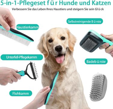 Щітка для собак і котів, самоочисна, для вичісування підшерстка та відмерлого волосся, ідеальна для довгошерстих та короткошерстих порід, делікатна до шкіри, зменшує випадіння шерсті, синя (зелена - набір 5 в 1)