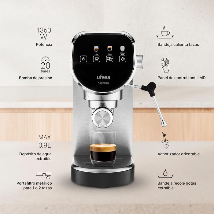 Ufesa Sienna Espresso Machine and Cappuccino Portafilter Machine with Milk Frother, 20 Bar Pressure, Digital Touch Panel, 1360W, for Ground Coffee or ESE Pads, 0.9L Water Tank, Silver