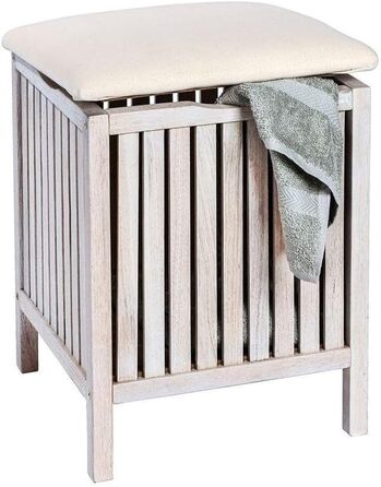 WENKO Badhocker Norway with Laundry Hamper, Storage Ottoman with Padded and Flip-Up Seat as Lid, Solid Walnut Wood, Oiled, Capacity 65 L, (W x H x D): 39 x 52 x 39 cm, Natural (White)