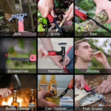 Camping Gear Multitool Axe Gifts: Multifunction Tool Axe Gifts for Men Dad Him, 14-in-1 Axe Hammer Knife Saw Bottle Opener Fire Starter Whistle for Camping Survival Hiking