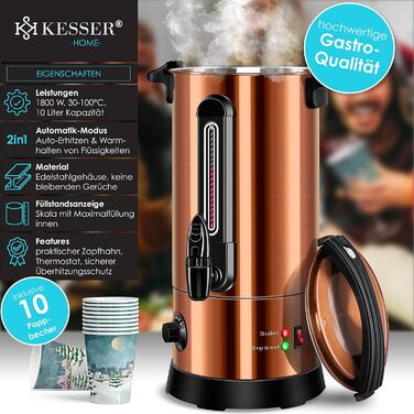 KESSER® 10L Stainless Steel Mulled Wine Boiler Including 10 Cups Mulled Wine Cooker with Thermostat, Mulled Wine Dispenser, Hot Beverage Dispenser, Kettle, Hot Water Dispenser, Canning Machine, Fill Level Indicator, Tap (Copper)