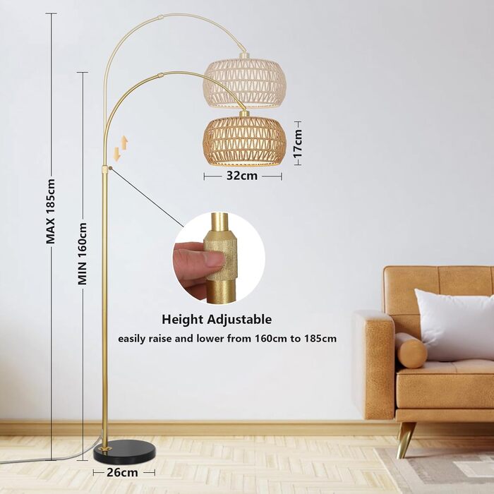 Rayofly Торшер для вітальні Bogenlampe, бохо стиль, ротанг, з пультом ДУ та LED-лампою, керування через додаток, димування, для спальні, офісу (Золотий)