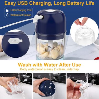 Електричний подрібнювач часнику та овочів 2в1 BlumWay, міні-подрібнювач з віночком для яєць, 250+250 мл (Блакитний)