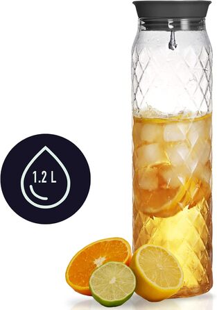 Glass water carafe, 1.2 Liter, glass carafe with lid, silicone lid, height 30.5cm Carafe
