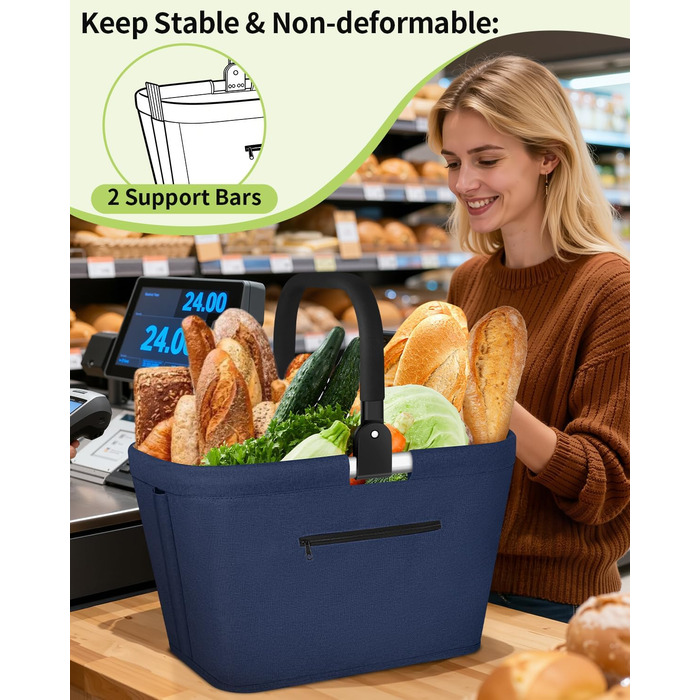 Складаний кошик для покупок 35L з 2 стійками, сімейний, з алюмінієвою ручкою, водовідштовхуючий, для пікніків, подорожей, кемпінгу, подарунок (Синій, 35L (48x28x26cm))