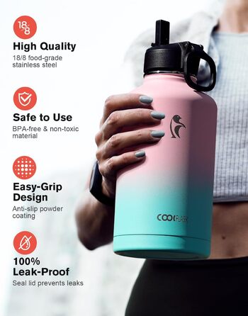 Термопляшка Coolflask 2л з соломинкою та 3 кришками, нержавіюча сталь, для спорту/офісу, герметична (Bubble Gum, 1893 мл)