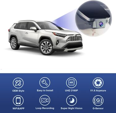 Автомобільний відеореєстратор Fitcamx 4K для Toyota RAV4 2022-2025 (Gen5), OEM стиль, 2160P, WiFi, G-сенсор, Plug&Play, 64GB карта пам'яті, фронтальна камера