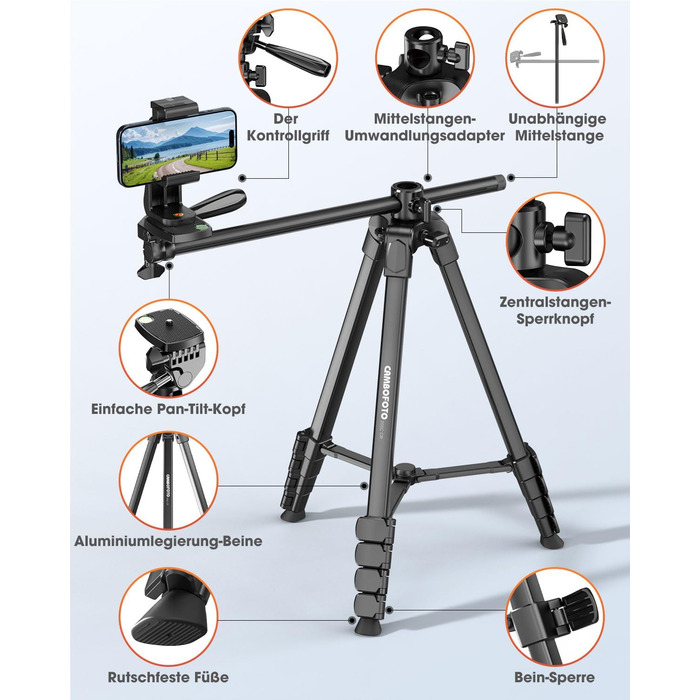 Штатив горизонтальний CAMBOFOTO 185 см для iPhone/камери, гнучкий, для відеозйомки, з сумкою