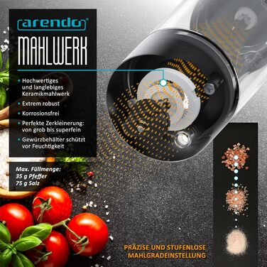 Електричні млини для спецій Arendo – набір з солі та перцю, нержавіюча сталь, керамічний механізм, LED-підсвічування, акумулятор, щітка та воронка