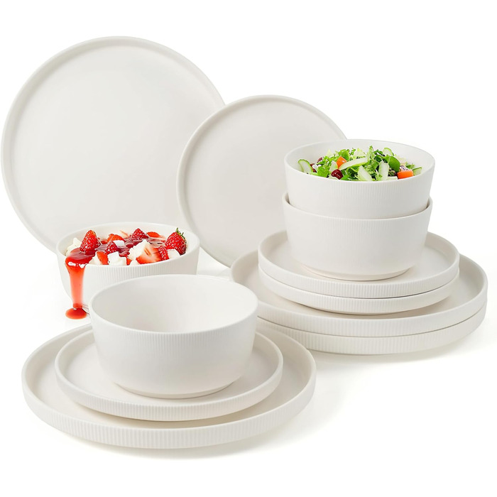 Набір посуду Jiwoo для 4 осіб (12 предметів): тарілки, супові миски, десертні тарілки - Bone China, сучасний дизайн, безпечно мити в посудомийній машині та використовувати в мікрохвильовці