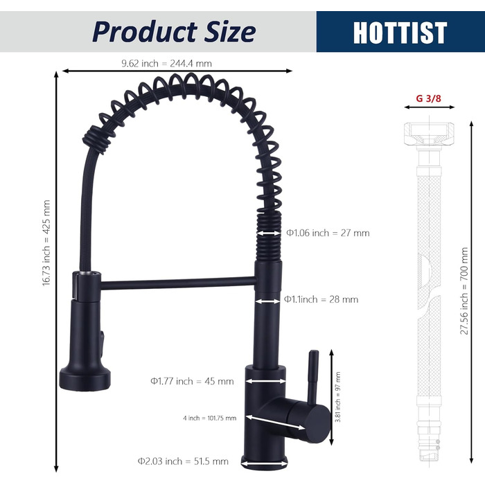 Чорний кухонний змішувач з висувною лійкою, високий поворотний вигин, 360° оберт, 2 режими розпилення, шланговий вилив, нержавіюча сталь, матовий чорний