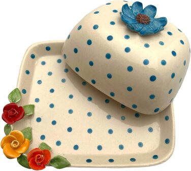 Ceramic Butter Dish with Lid, Colorful, Hand-Painted (dotted blue flower)