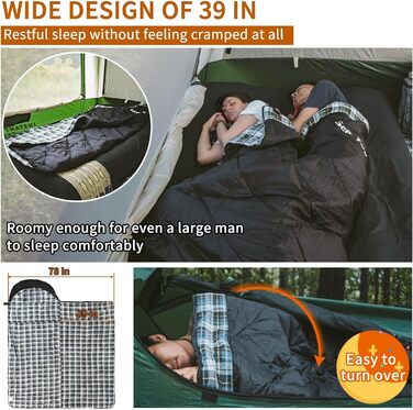 Сплячий мішок GEERTOP XXL для дорослих, 4 сезони, фланель, 220x100 см, для кемпінгу, трекінгу, рюкзаків, відпочинку на природі та вдома (чорний)