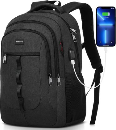 Чорний рюкзак YAMTION для чоловіків та жінок, унісекс, підійде для підлітків, хлопчиків та дівчаток. Вміщує ноутбук 17.3 дюйми. Ідеальний для університету, школи, роботи, офісу. З USB-портом.