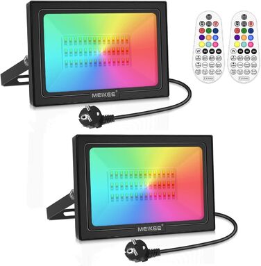 MEIKEE 60W RGB Spotlight with Remote Control, 30 Modes, 10 Colors, Timer, RGB Floodlight, IP66 Waterproof, 6 Brightness Levels, Projector, Colorful, Christmas, Halloween, Party LED Spotlight, Color Decorative, 2 Pieces