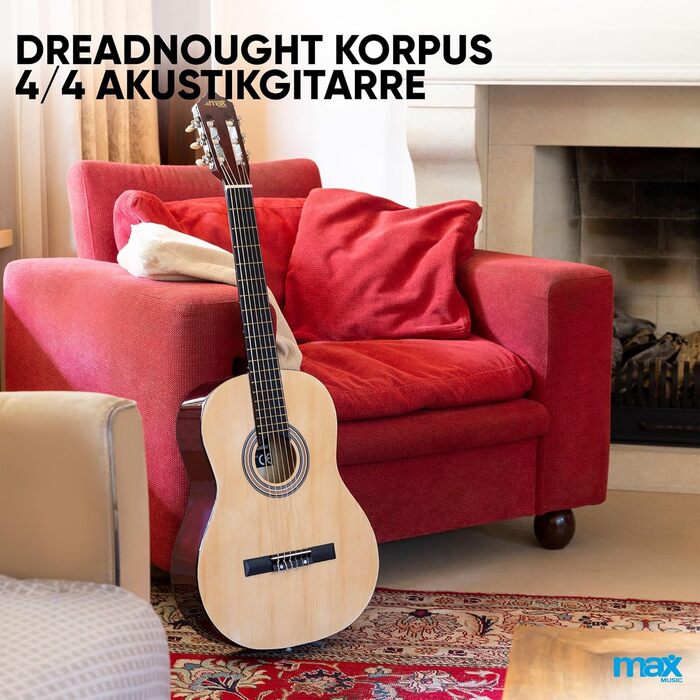 MAX SoloArt Акустична гітара 4/4 для початківців - Комплект з чохлом, тюнером, медіатором, ременем та аксесуарами