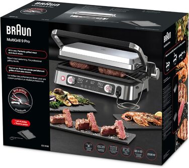 Електрогриль Braun MultiGrill 9 Pro CG 9160 з двома незалежними термостатами, 3 режимами приготування, антипригарними знімними пластинами, вбудованим термощупом, 2200 Вт, чорний/нержавійка