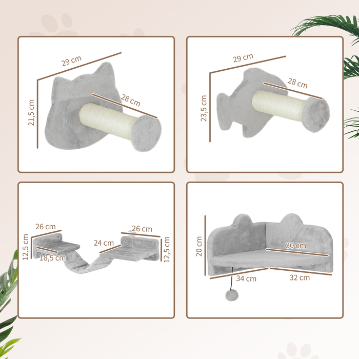 PawHut Cat Climbing Wall Set, 4-Piece Cat Furniture with Steps, Ladder, Jumping Towers, Scratching Posts, Play Ball, Sisal, for Cats up to 5 kg, Light Gray | Aosom