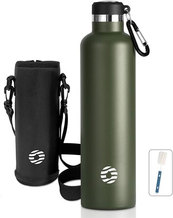 Фляга спортивна Feijian 1л з карабіном, нержавіюча сталь, термофляга, без BPA, для напоїв, кемпінг, спорт, школа, армійський зелений