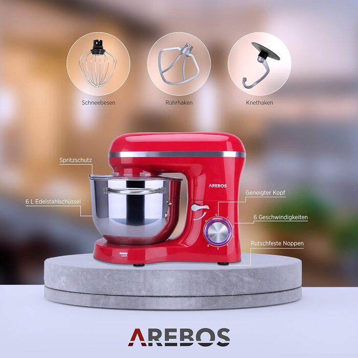 Arebos Kitchen Machine 1500W with 6L Stainless Steel Mixing Bowl | White-Rose Gold | Includes Dough Hook, Beater, Whisk | Splash Guard | 6 Speeds | Stand Mixer | Dough Machine