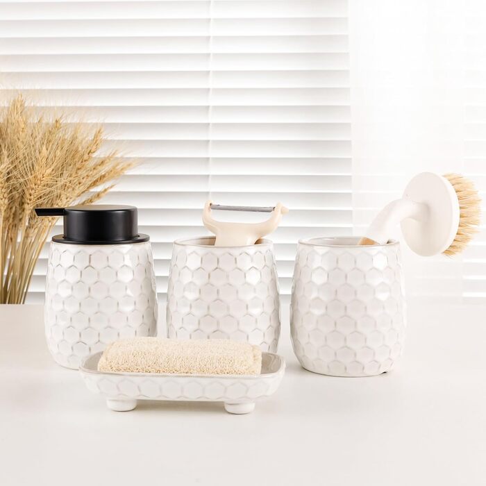 Набір для ванної кімнати: органайзер з кераміки (4 шт.) - дозатор мила 400 мл, стакан для зубної щітки, мильниця, декор преміум-якість (бежевий)
