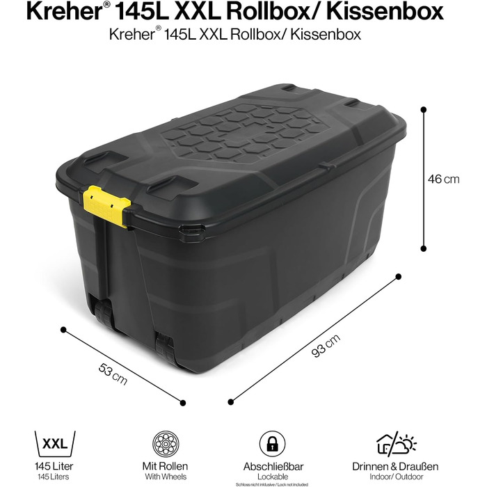 Kreher XXL контейнер для зберігання 145 л з кришкою на замку, на колесах, водонепроникний, пластик, 93x53x46 см