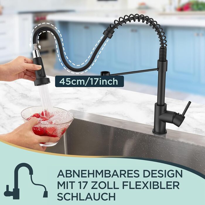 Змішувач для кухні FORIOUS висувний з душем, одноleverний, чорний мат, 360° обертання