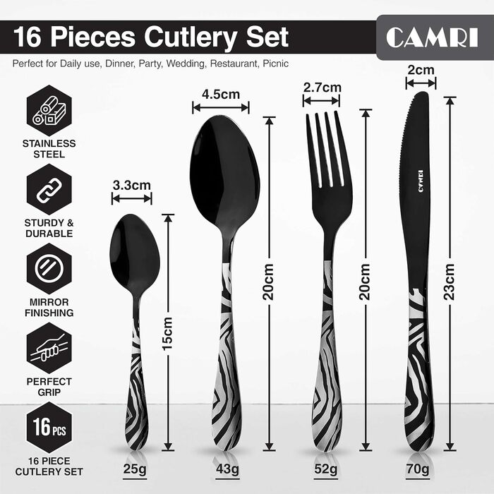 Набір столових приборів CAMRI – 16 предметів, нержавіюча сталь, набір для 4 осіб, легко миється (креузо-чорний візерунок)