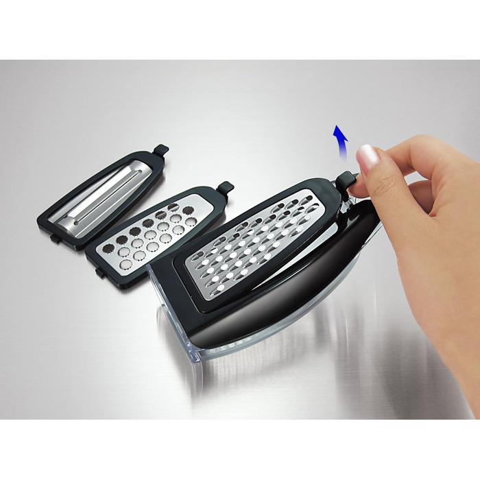Palm Grater - Comfortable Compact Hand Grater. Vertical and Horizontal Hanging on Hook. Peeler, Slicer, Grater, Zester, All-in-One. Food Storage Compartment. 3 Stainless Steel Blades