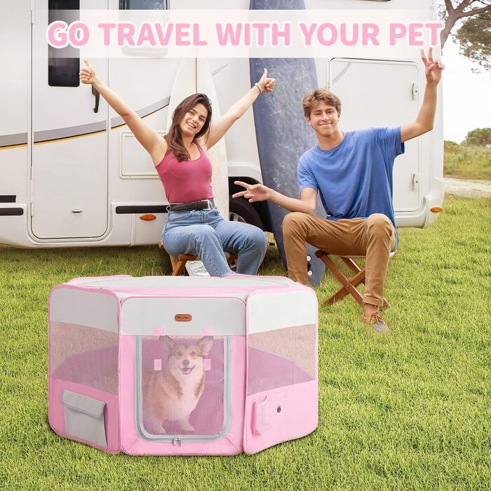 Клітка для собак та котів, переносний вольєр, складаний дорожній вольєр, вольєр для цуценят, вольєр для маленьких котів, рожевий колір, розмір M