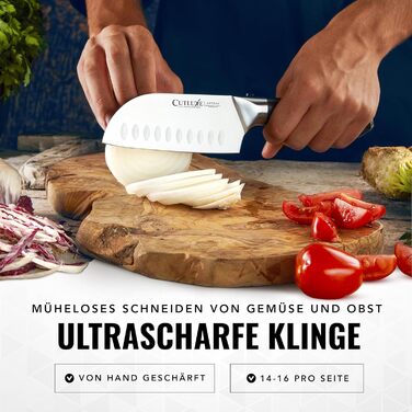 Ніж Cutluxe Santoku 13 см – універсальний ніж для риби, м'яса, суші. Виготовлений з німецької сталі, надзвичайно гострий, ергономічний дизайн