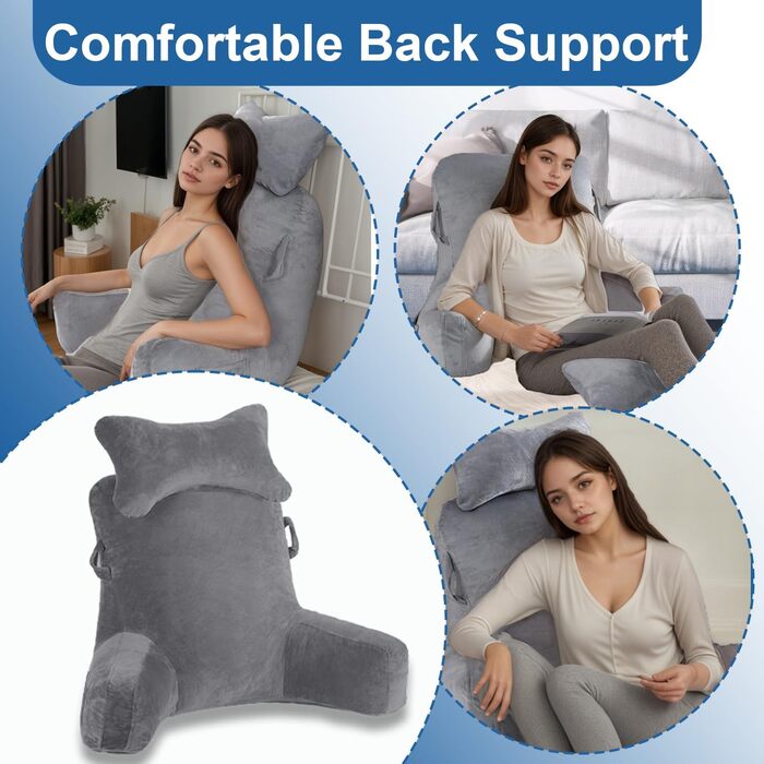 Крісло-мішок для читання, 90 x 80 см, XXL спинка, з підлокітником та знімною подушкою для шиї, сіре