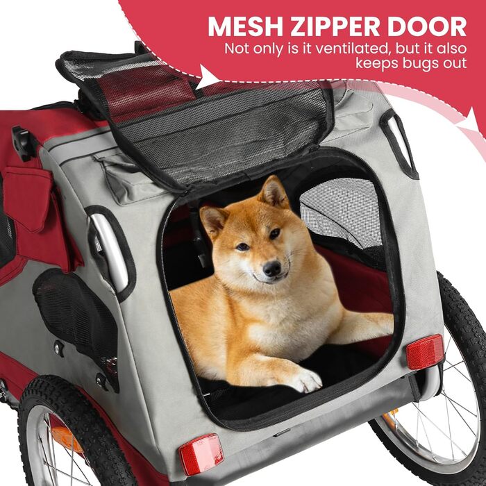 Причіп для велосипеда для собак, складаний, з відбивачами безпеки, сумкою для зберігання, м'яким внутрішнім простором та страхувальними повідками, для собак до 30 кг, червоний