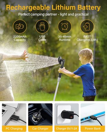 Portable Camping Shower with Pump - Rechargeable Battery Powered Camping Shower Set with 1.8m Hose - Camping Shower Set for Garden, Camping, Car Washing, and Pet Washing