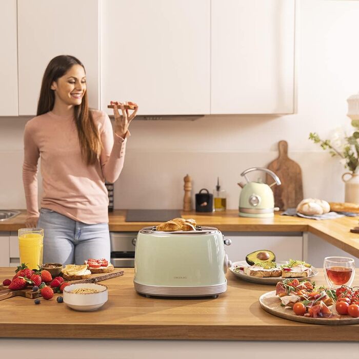 Тостер Cecotec Toast&Taste 800 Vintage Green, 850 Вт, 2 слоти, зелений, нержавіюча сталь, 3 функції