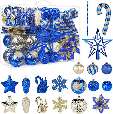 Набір прикрас на ялинку Alupssuc 128 шт: ялинкові кулі, квіти, стрічки, верхівка, гачки (чорний & золото, синій & золото)