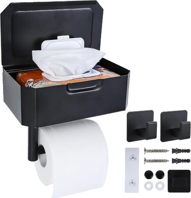 Тримач туалетного паперу Cozary без свердління з боксом для вологих серветок, чорний, нержавіюча сталь