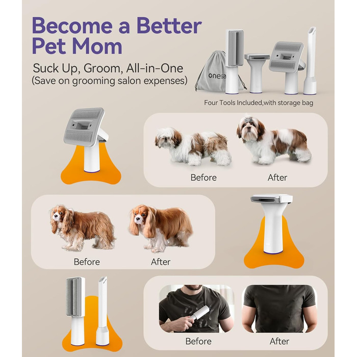 Пилсос для собак та котів Oneisall з турбощіткою, потужність 12000Pa, видаляє шерсть, 4 насадки, об'єм 1.5л, фіолетовий