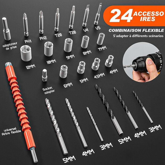 Акумуляторний шуруповерт 21V з набором 2 акумулятори 2.0Ah, 55Nm, 23+3 ступені, 10мм патрон, 2 швидкості, LED-ліхтик, 24шт аксесуарів та кейс для дому та саду