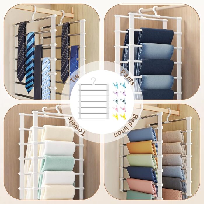 Набір з 3 штук вішалок для штанів, 7 в 1, економія місця, неслизькі вішалки для штанів, органайзер для шафи з 10 прищіпками, з нержавіючої сталі, складні вішалки для штанів, шарфів, рушників, краваток, постільної білизни