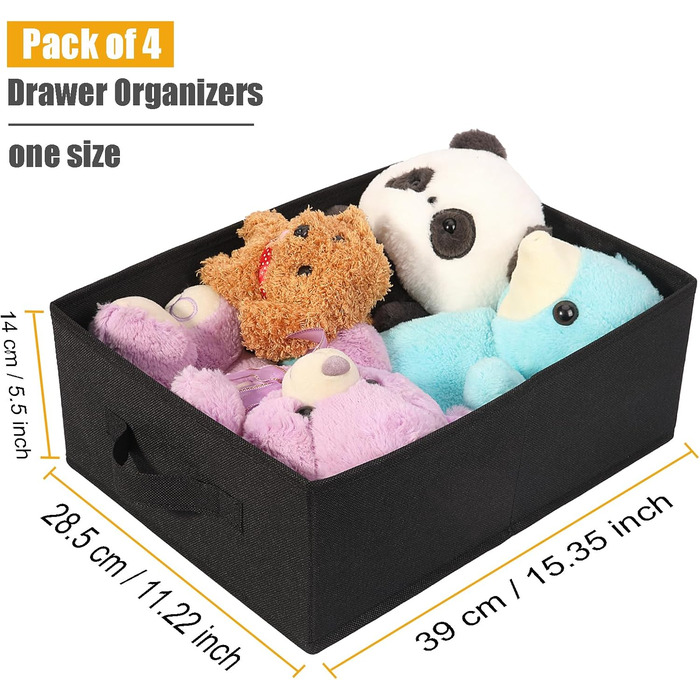 OVAKIA Folding Storage Boxes Fabric, Closet Drawer Organizer Storage System for Wardrobe Clothes, Underwear, etc., 4-Piece Set, Beige (Black)