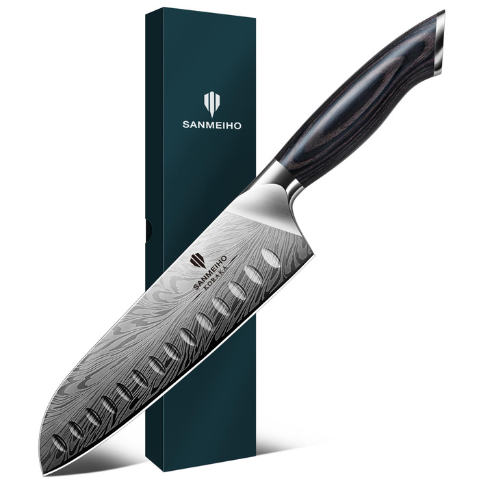Ніж кухонний SANMEIHO Santoku 18 см з порошкової сталі, професійний шеф-ніж з пакавуд рукояттю